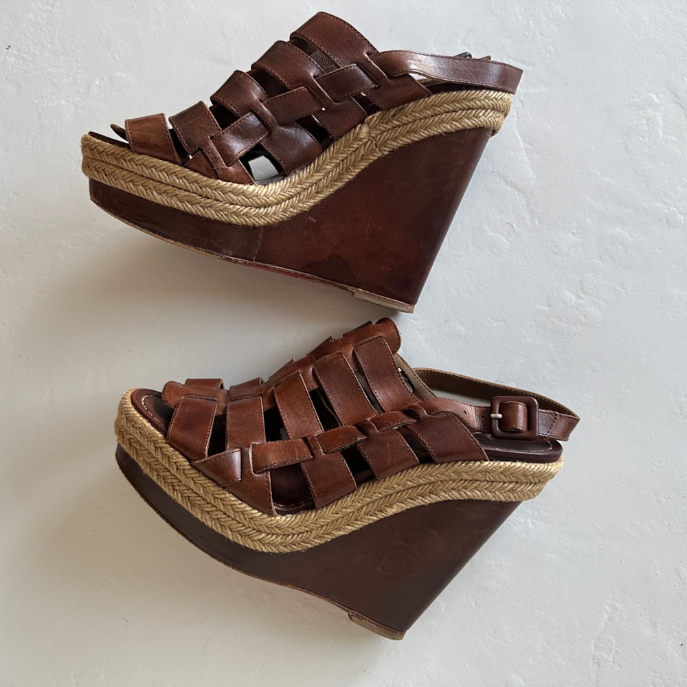 Christian Louboutin Leather Caged Espadrille Wedge Sandals | Size 38